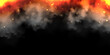 Realistic smoke clouds and fire on black background. Flame blast, explosion. Stream of smoke from burning objects. Forest fires. Transparent fog effect. White steam, mist. Vector design element.