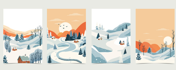 Wall Mural - winter landscape background with mountain,tree.editable vector illustration for postcard,a4 vertical