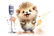 Cartoon watercolor hedgehog with microphone on white background