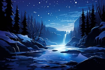 Wall Mural - Frozen Waterfalls at Night - Generative AI