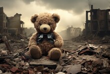 Toy Bear Sits On The Ground On The Ruined City Background