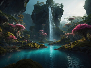 Wall Mural - magical water falls - fantasy landscape, generative ai.