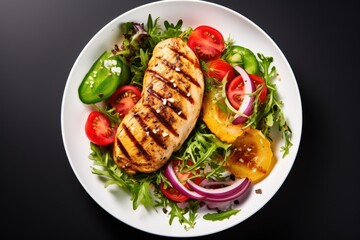 Wall Mural - Grilled chicken breast fillet and fresh vegetable salad in dark plate on black background