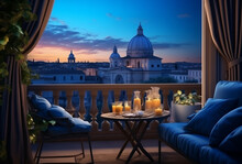 Landscape Scene Of St Peter's Basilica At The Sunset Time, View From Inside Decorate Home Apartment, Window And Balcony View, Holiday And Tourist Concept, Generative AI