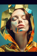 Zadowolenie na twarzy, błogość - portret kobiety w złotym kapturze i turkusowym makijażu - Satisfaction on the face, bliss - portrait of a woman in a gold hood and turquoise makeup - AI Generated