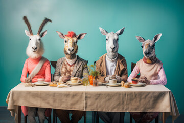 Group of reindeer, goat, and llama animals having dinner together.