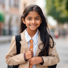 Wall Mural - Happy little indian school girl smiling in city. Portrait of a happy young indian schoolgirl with backpack standing on city street and looking to camera with a smile. Cheerful indian female  pupil