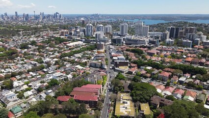 Wall Mural - Aerial drone view of Bondi Junction in the Eastern Suburbs of Sydney, NSW Australia with Sydney City in the background on a sunny day