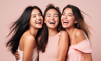 portrait of happy beautiful girls smiling on white background