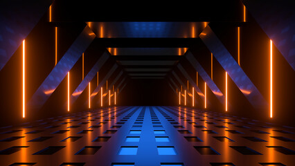 Wall Mural - sci fi neon glowing lines in a dark tunnel. reflections on the floor and ceiling. 3d rendering image