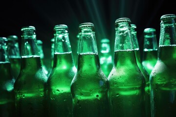 Green Beer Bottle on Ice. Multiple Chilled Beer Bottles with Green Tint of Glass, Perfect Adult Beverage for Celebrations and Parties