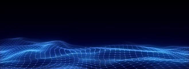 Dark cyberspace in digital background. Abstract technology wave with motion glowing dots and lines. Connection big data. Futuristic wireframe texture. Analysis a network connection. 3D rendering.