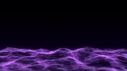 Wall Mural - Dark cyberspace in digital background. Abstract technology wave with motion glowing dots and lines. Connection big data. Futuristic wireframe texture. Analysis a network connection. 3D rendering.