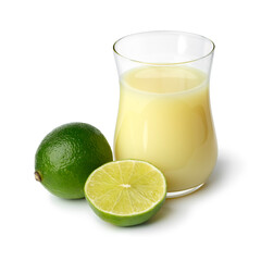 Poster - Glass with lime juice and green lime in front isolated on white background