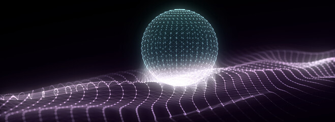 Wall Mural - Futuristic sci-fi sphere in space with waves around. Technology circle a network connection big data. Digital ai background with particles. 3D wireframe geometric sphere. 3D rendering.