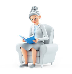 Wall Mural - 3d cartoon granny sitting in armchair and reading a book