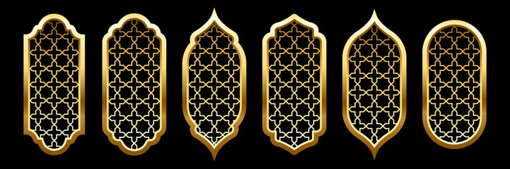 collection of islam windows with pattern vector illustration isolated on black background. oriental 