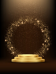 Wall Mural - Golden podium with circle ring and glitter. Shining abstract background with gold elements. Yellow shiny circular stage. Modern futuristic graphic vector illustration. Glowing decoration