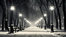 Dark Lighted Road In The Snow In Winter. Black And White Art. Serene And Strange Atmosphere. Press Photo Concept