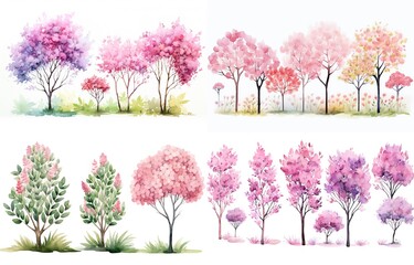 watercolor style illustration of pink flower and cherry blossom tree garden, summer and spring collection set isolated on white background, Generative Ai