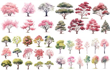 Wall Mural - watercolor style illustration of various type of trees, spring and summer collection set isolated on white background, Generative Ai