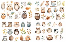 Watercolor Style Illustration Of Cute Owl Bird And Autumn Foliage, Winter And Fall Collection Set Isolated On White Background, Generative Ai