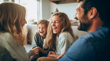 Wall Mural - Happy big family laughing together in the domestic house background.