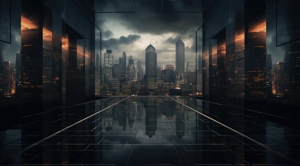 Futuristic cityscape with steel-framed tunnel, glassy skyscrapers, and detailed urban landscape. Dark, sharp-focus perspective showcasing modern architecture and innovative techniques