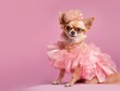 Chihuahua dog in glam fashion outfits with wearing a glasses on a pink isolated background with space for text. In animal creative concept