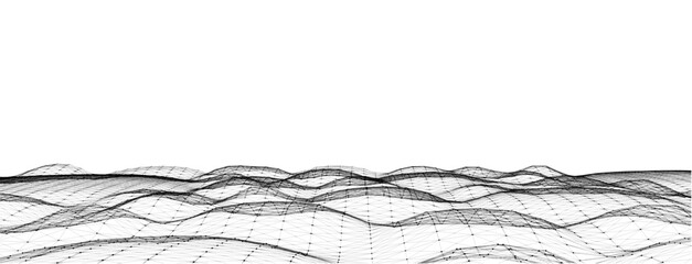 Abstract vector technology wave with motion glowing dots. Dark cyberspace in digital background. Connection big data. Futuristic wireframe texture. Dynamic analysis a network connection.