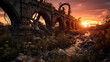 decaying aqueduct in a post-apocalyptic setting, rusty metal, overgrown with mutated plants
