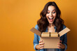 Excited woman unboxing parcel looking into open cardboard on solid color background. ai generative