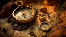 An Antique Compass Atop A Weathered Treasure Map Surrounded By Seafaring Relics