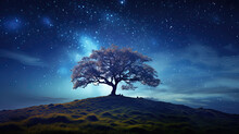 A Lone Tree Against A Starry Night Sky
