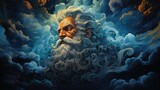 widok boga z brodą i wąsami w chmurach