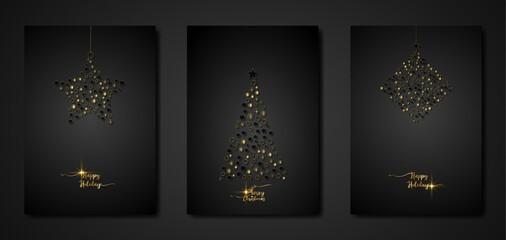 Set black card of Merry Christmas and Happy Holiday, greeting cards, posters, New Year covers. Design templates with typography, season wishes in gold luxury minimalist style for web, social media