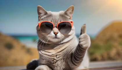 Wall Mural - gray cat with glasses raising thumb up, copy space