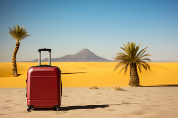 A red suitcase sitting on top of a desert sand. Two palms. Minimalist touristic concept.