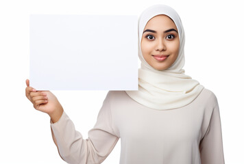 Wall Mural - a beautiful Indonesian woman holds a blank placard sign in her hand. isolated on white background, Ai generated Images