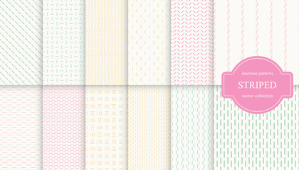 Collection of minimalistic striped seamless patterns. Color endless linear textures. Repeatable unusual simple delicate backgrounds