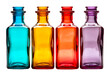 Four multi-colored glass bottles with square edges. Isolated on a transparent background.