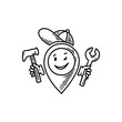 © Kseniia - Cute line doodle car service location pin emoji. Freehand sketch pinpoint. Map address comic emoticon. Smiling funny character