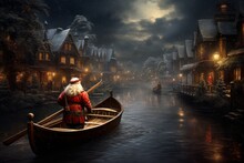 Watercolor Illustration Of A Gondola With A Santa Claus Sailing Along The Canal Of An Old Town At Dusk, With Houses On Either Side And Highlights From The Moon Reflected In The Water.