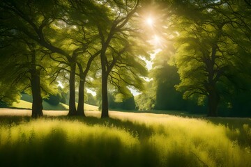 Poster - landscape in summer with trees and meadows in bright sunshine