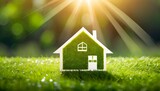 Fototapeta  - the image portrays a conceptual representation of a green home and environmentally friendly construction it includes a house icon placed on a lush green lawn with the sun shining overhead