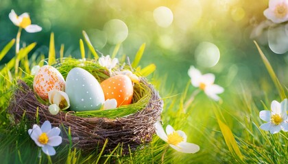 nest with easter eggs in grass on a sunny spring day easter decoration banner panorama background