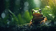 Close Up Macro Portrait Of A Frog In A Rainy Forest