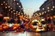 Golden mardi gras or carnival mask on an unfocused street with a party parade background banner with copyspace for text