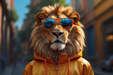 Wall Mural - portrait of a funny lion king in sunglasses and a windbreaker, made in bright colors, as in the picture. against the background of Africa. fashion concept