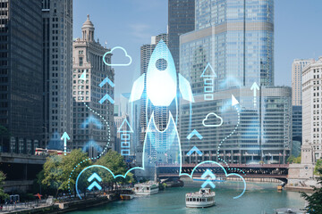 panorama cityscape of chicago downtown and riverwalk, boardwalk with bridges at day time, illinois, 